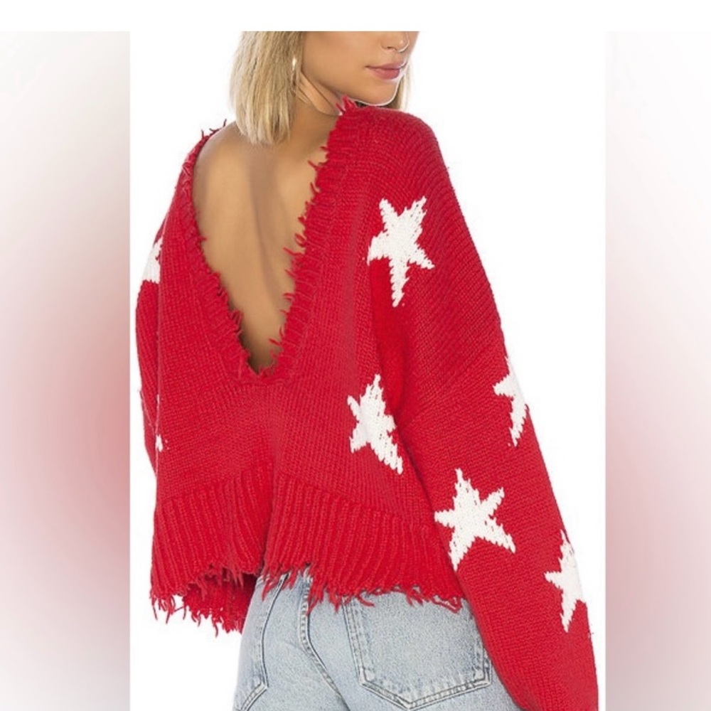 Wildfox Red V-Neck Sweater with White Stars